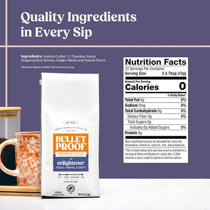 Bulletproof Enlightener Ground Coffee, Enhanced Coffee with L-Theanine, Panax Ginseng and Gingko Biloba, Supports Mental Clarity, Focus, and Memory, Medium-Dark Roast, 10 oz