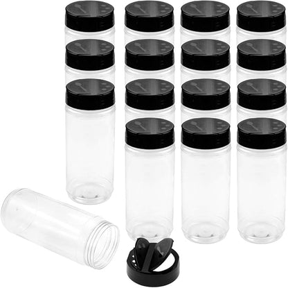 Foraineam 16 Pack 15 oz Plastic Spice Jars Containers Bottles with Black Flip Cap To Pour Or Sifter Shaker, Perfect for Storing Spice, Powders and Herbs