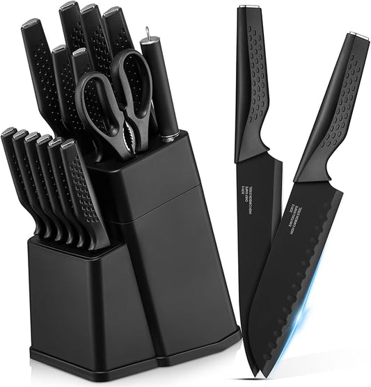 E-far Knife Set, 15-Piece Kitchen Knife Block Set with Sharpener, High Carbon Steel Chef Paring Steak Knives with Ergonomic Non-Slip Handle, Anti-Rust & Razor Sharp, Black