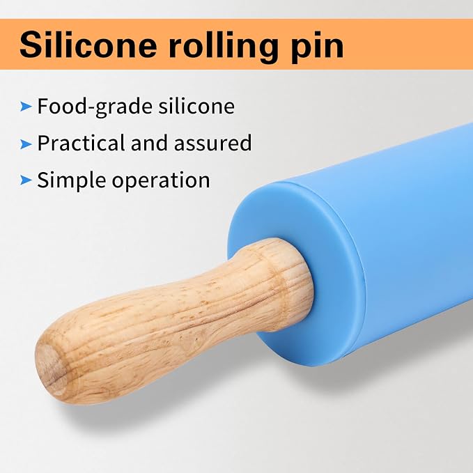 Silicone Rolling Pin for Kids Non-Stick Surface Wooden Handle,12 Inch 1 Pack
