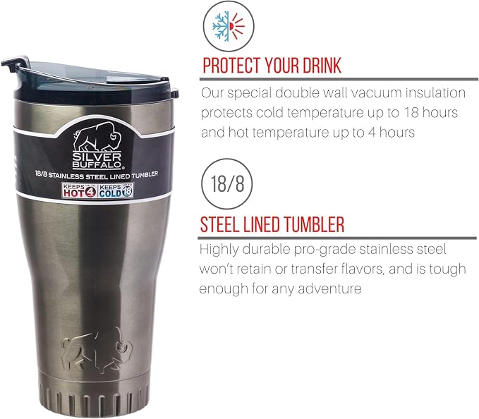 Silver Buffalo Double Walled Vacuum Insulated Stainless Steel Tumbler With Flip Top Lid Keeps Hot and Cold, Travel Coffee Mug Leak Proof Lid, 30 Ounces, Gray