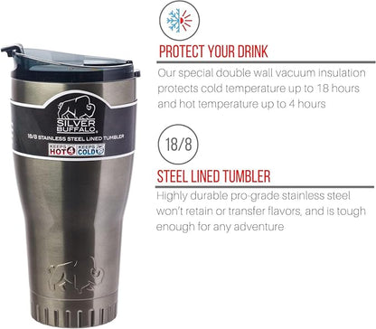 Silver Buffalo Double Walled Vacuum Insulated Stainless Steel Tumbler With Flip Top Lid Keeps Hot and Cold, Travel Coffee Mug Leak Proof Lid, 30 Ounces, Gray