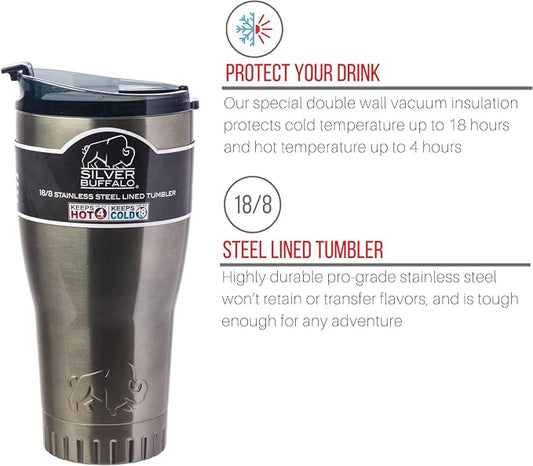 Silver Buffalo Double Walled Vacuum Insulated Stainless Steel Tumbler With Flip Top Lid Keeps Hot and Cold, Travel Coffee Mug Leak Proof Lid, 30 Ounces, Gray