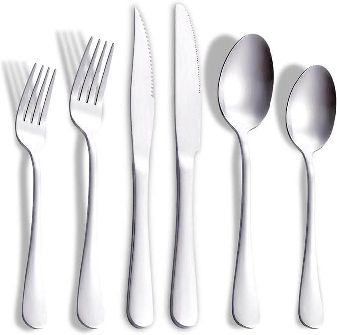 Matte Gold Silverware Set with Steak Knives,Stainless Steel Flatware Set for 6,Modern Cutlery Utensils Set,Spoons and Forks Set for Restaurant,Dishwasher Safe (Silver, 36 Piece Set)