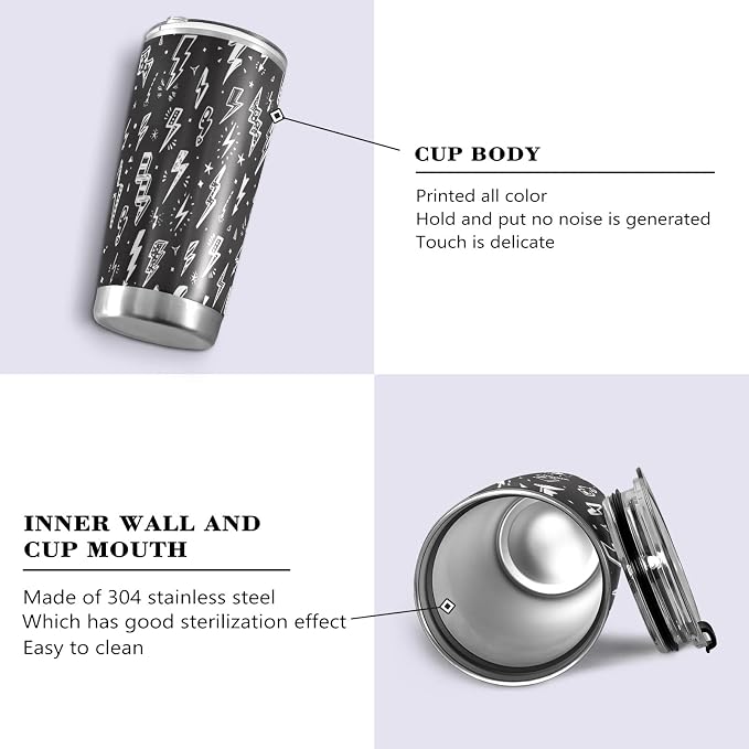 Tumbler Lightning Bolts Doodle Insulated Coffee Cup Beverage Container Travel Mug with Straw and Lid Double Wall Stainless Steel 20oz Holiday Gift