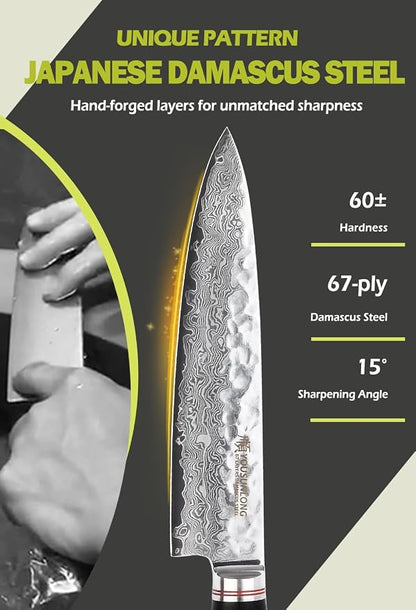 YOUSUNLONG Chef's Knife - 8 Inch Gyuto Kitchen knives - Razor Sharp Knife - Japanes Hammered Damascus Steel - Natural Ebony Handle with Leather Sheath