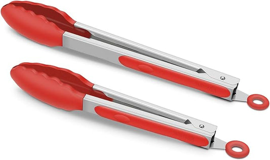 2 Pack Silicone Kitchen Tongs – 9" & 12" Set, Heat Resistant up to 500°F, Non‑Stick Cookware Safe, Wavy Silicone Tips, BPA Free, Locking Clip & Hanging Loop, Red
