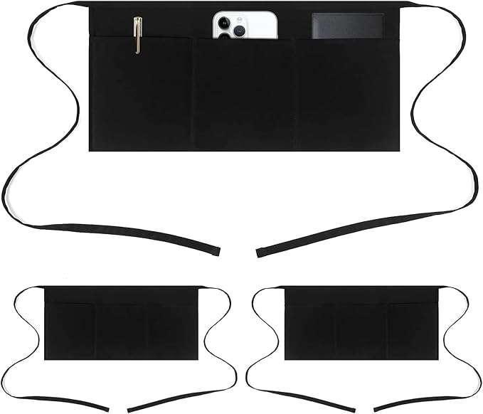 Jubatus 3 Pack 100% Cotton Server Apron with 3 Pockets for Women Men Waist Waitress Half Waiter Serving Short Aprons, Black 23.62 x 11.81 inches