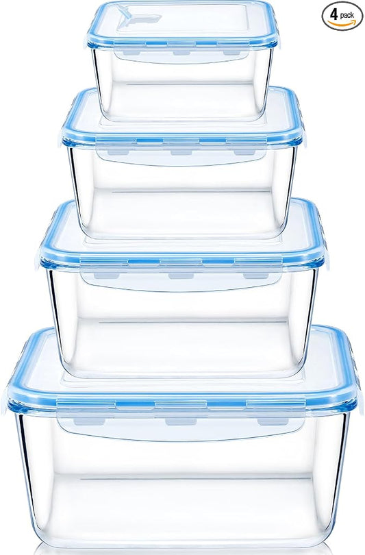 NUTRIUPS 112oz/68/34/17oz Large Glass Food Storage Containers with Airtight Lids, Square Meal Prep Container Set, Easy-Open Vented Lid, Oven Safe Baking Dish