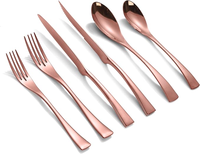Lemeya 24-Pieces Rose gold Silverware Set with Steak Knives,Heavy Duty 18/10 Stainless Steel Flatware Set for 4,Modern Cutlery,Mirror Polished,Dishwasher Safe