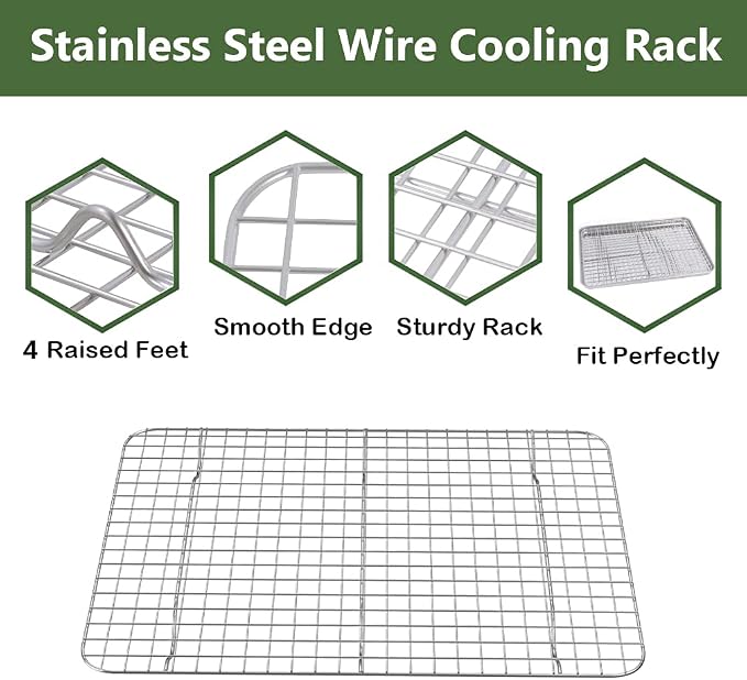 Rottay Aluminum Free Stainless Steel Baking Sheet & Cooling Rack Combo - 12.4 x 9.6 x 1 inch, Corrugated Surface, Firmly Welded Cooling Rack