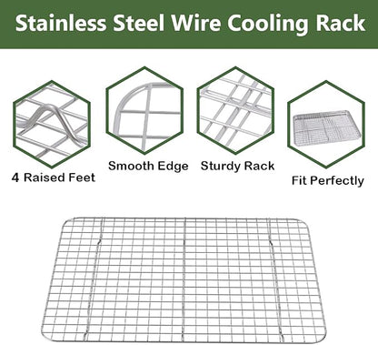 Rottay Aluminum Free Stainless Steel Baking Sheet & Cooling Rack Combo - 12.4 x 9.6 x 1 inch, Corrugated Surface, Firmly Welded Cooling Rack