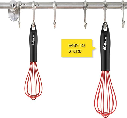 NileHome Silicone Whisk Set 8" 10", 2 Pack Kitchen Whisk Kitchen Wisk Wire Whisks for Cooking, Whisking, Blending, Beating, Stirring-Red