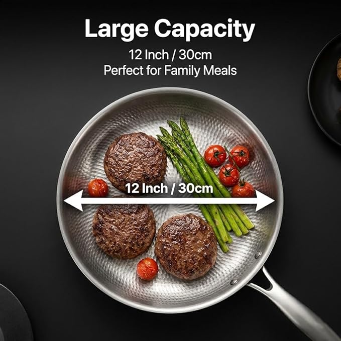 Titanium Frying Pan with Lid, 11.8" Uncoated Hammered Skillet for Cooking, PFAS/PFOA/PTFE Free Nonstick Cookware, Scratch Resistant, for Induction & Gas, Oven, Dishwasher Safe