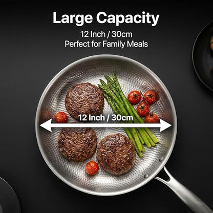 Titanium Frying Pan with Lid, 11.8" Uncoated Hammered Skillet for Cooking, PFAS/PFOA/PTFE Free Nonstick Cookware, Scratch Resistant, for Induction & Gas, Oven, Dishwasher Safe
