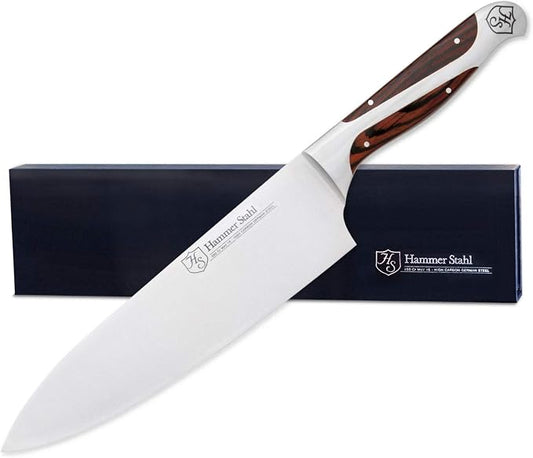 Hammer Stahl 8-Inch High Carbon Chef Knife | Versatile Cooking Knife for Chopping, Slicing & Precision Cutting | German Forged Sharp Kitchen Knife | Ergonomic Quad-Tang Pakkawood Handle & Gift Box
