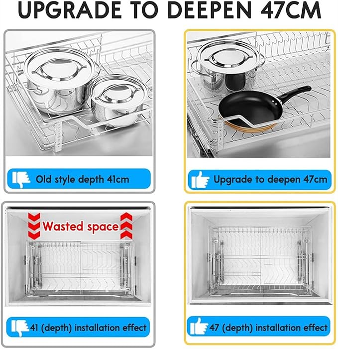 Stainless Steel Pull Out Cabinet Drawers 2-Tier Heavy Duty Slide Out Cabinet Organizer Shelf, Pull Out Bowl Basket Cabinet Organizer for Home, Kitchen, Bathroom, 69*47*14cm