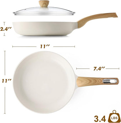 SENSARTE Ceramic Nonstick Frying Pan Skillet with Lid 11inch Non Stick Omelet Pan, Non-toxic Healthy Kitchen Cooking Chef's Pan, Free of Intentionally Added PFOA/PFAS/PTFE, Induction Compatible, White