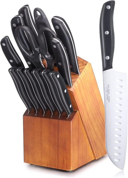 Knife Set, 15 Pcs Knife Sets for Kitchen with Block, Germany High Carbon Stainless Steel Knife Block Set with Sharpener and 6 Serrated Steak Knives, Professional Chef Knife Set for Kitchen Essentials