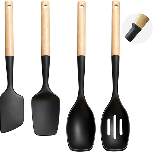 Silicone Spatula Spoon Set of 4, Cooking Spatulas Spoons for Nonstick Cookware, Wood Handle Spoonula for Mixing, Flipping, Scraping and Spreading (Style 2)