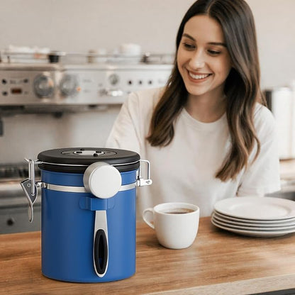 ShanSon Coffee Canister Airtight, Stainless Steel Bean Storage Container with Date Tracker & Scoop, Grounds Sugar Flour Tea Cereal Fits Kitchen Pantry, Ideal Gift for Coffee Lovers,22oz,Blue