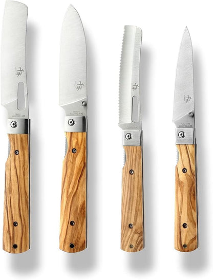 SENBON 440A stainless steel Gift wrapped 4 piece set sharp pocket folding Japanese chef knife universal peeling knife bread knife set portable kitchen knives with natural olive handle