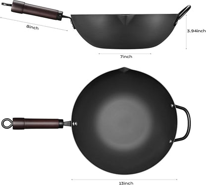 Wok, 13 Inch carbon steel wok pan with steamer & stir-fry pans nonstick, Pre-Seasoned 5.8QT Flat Bottom Chinese Woks Paella Pan with lid, Carbon Steel Cookware, Compatible with All Cooktops