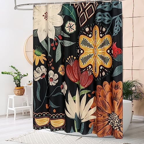 Boho Floral Shower Curtain, Vintage Botanical Fabric Curtain, 108 x 72