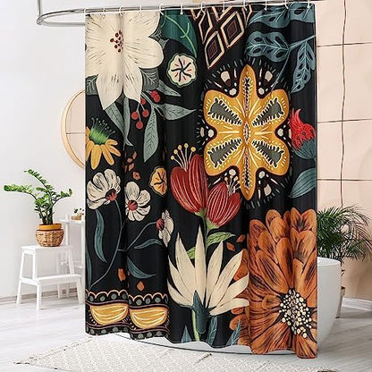 Boho Floral Shower Curtain, Vintage Botanical Fabric Curtain, 108 x 72