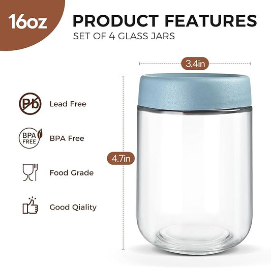 Overnight Oats Containers, 16oz Glass Food Storage Containers with Lids, Meal Prep Mason Jars for Oatmeal, Chia Seed Pudding, Yogurt (Set of 4)