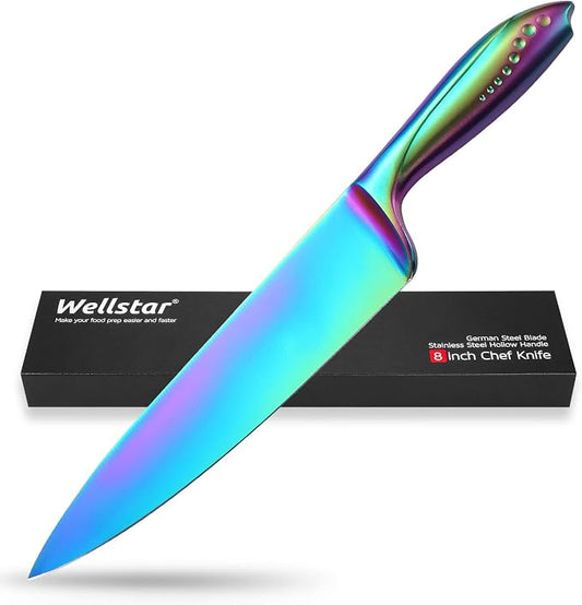 WELLSTAR Chef Knife 8 Inch, Razor Sharp German Steel Blade and Comfortable Finger Guard Handle with Rainbow Titanium Coated for Kitchen Meat Sushi Vegetable Fruit Cutting Slicing Dicing, Gift Box
