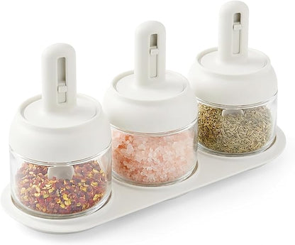 Povinmos® 3 Piece Glass Salt Container | Storage | Pepper,Table Salt, Sugar,Gourmet Salts,Spice |Chili Herbs |10 oz |Glass Salt Container with Lid and Retractable Spoon