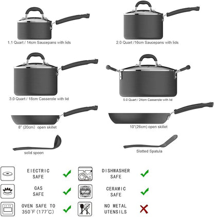 Amazon Basics Non-Stick Cookware Set, Pots and Pans with Lids, Hard Anodized Aluminum, Dishwasher Safe, Oven Safe, Black, 12-Piece
