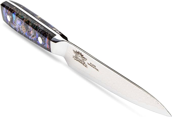 Damascus Utility Knife, 6 Inch, AUS-10 Steel, Clear Resin Handle - Leather Sheath Included