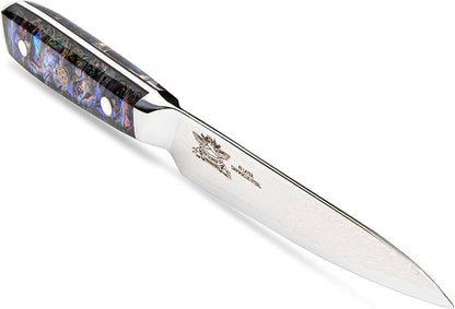 Damascus Utility Knife, 6 Inch, AUS-10 Steel, Clear Resin Handle - Leather Sheath Included