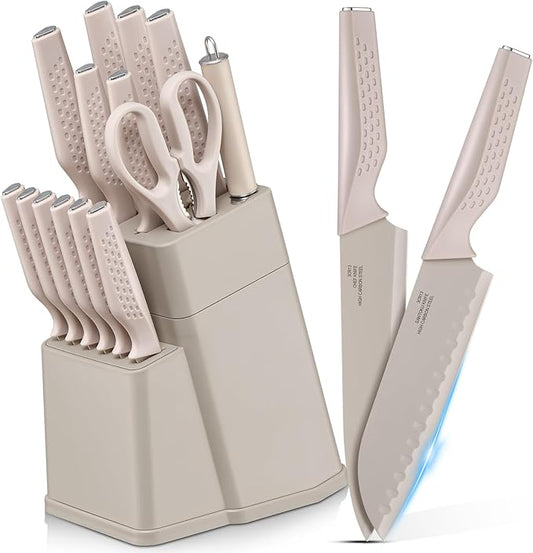 E-far Knife Set, 15-Piece Kitchen Knife Block Set with Sharpener, High Carbon Steel Chef Paring Steak Knives with Ergonomic Non-Slip Handle, Anti-Rust & Razor Sharp, Khaki