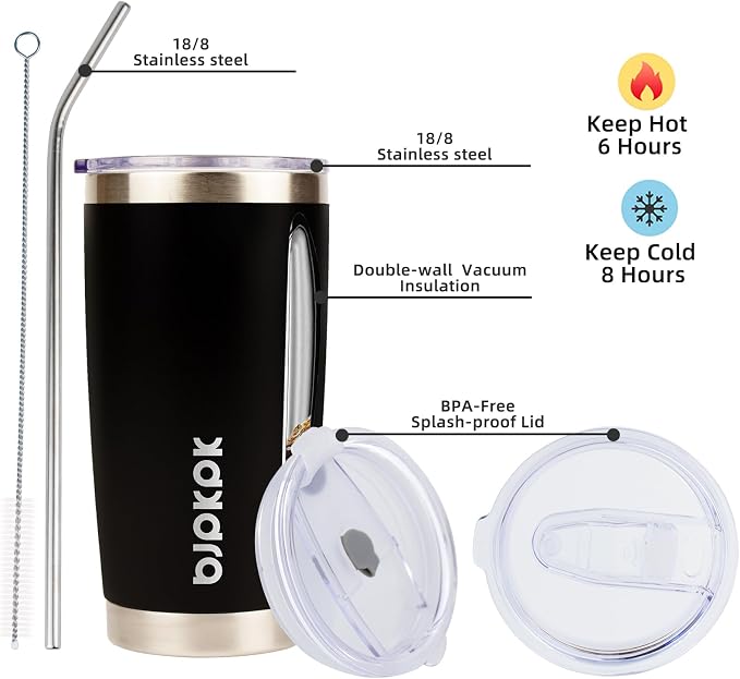 BJPKPK Black Insulated Tumbler With Lid And Straw 20 oz Stainless Steel Coffee Tumblers Cup