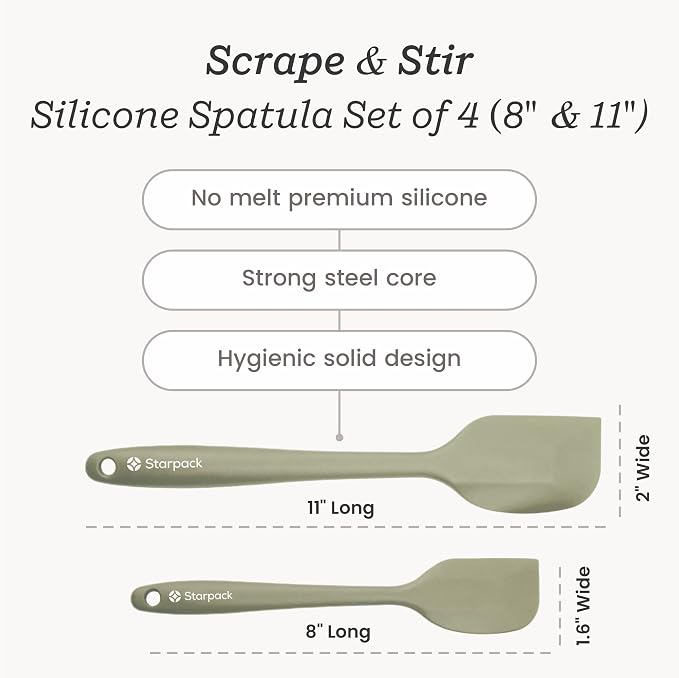 Starpack 'Scrape and Stir' Silicone Rubber Spatula Set (4-Piece) - LFGB Non Toxic, 600°F Heat Resistant, BPA-Free, One-Piece Kitchen Baking Spatulas - Dishwasher Safe for Nonstick Cookware Sage Green