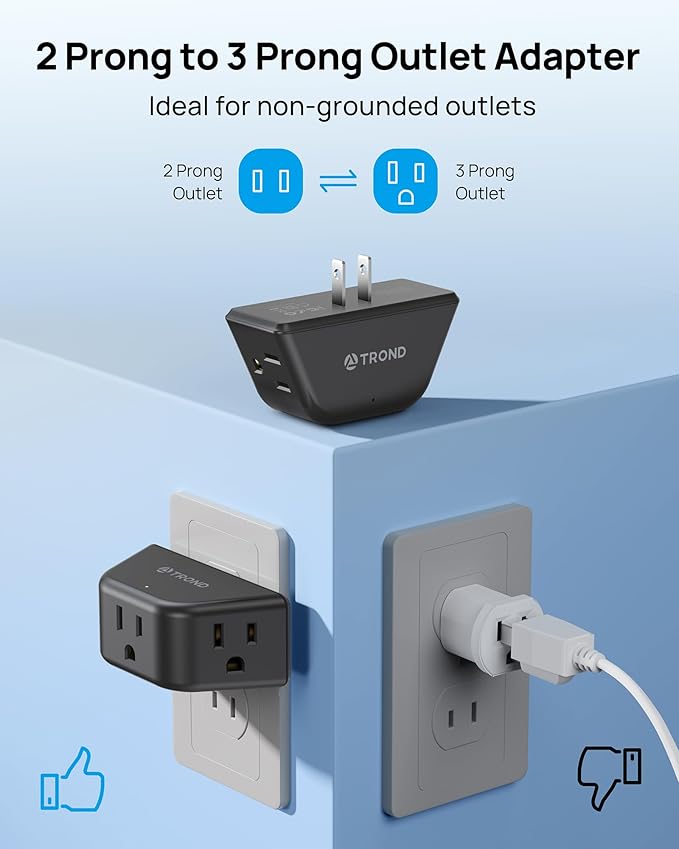 TROND 2 to 3 Prong Outlet Adapter 2 Pack, 3-Way Angled Plug Extender with 3 AC Sockets, Wall Plug Splitter for Non-Grounded Outlets in Old House, Cruise Ship Travel Essentials, Black