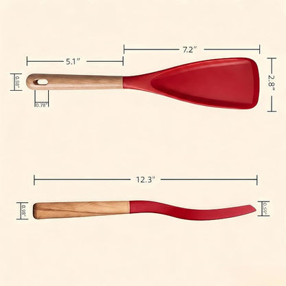 Silicone Cooking Spoon & Spoonula Spatula for Nonstick Cookware, Heat Resistant 600°F Kitchen Utensil, BPA-Free Food-Grade, Solid Wood Handle, Serving Scraping Scooping Stirring (Black & Red,)