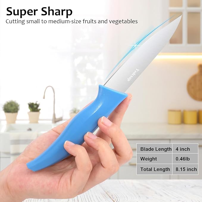 4-Piece Colored Paring Knife Set, 3.7 Inch Stainless Steel Sharp Fruit Vegetable Peeling Knives with Ergonomic Anti-Slip Large Handle, Small Kitchen Utility Knife for Daily Meal Prep, Assorted