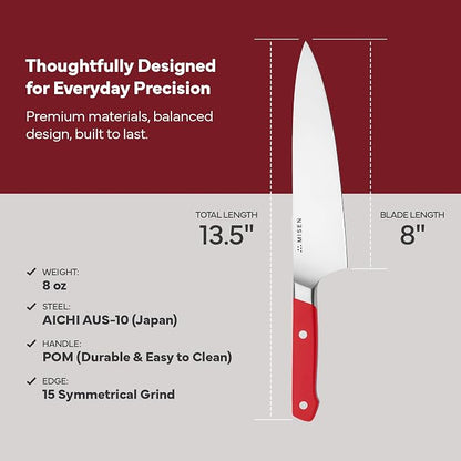 Misen 8 Inch Chef Knife, AUS-10 Japanese Stainless Steel - Red
