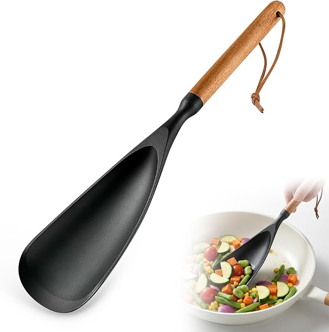 Silicone Cooking Spoon for Nonstick Cookware – Wooden Handle Spatula Spoon, Multi-Function Kitchen Tool for Stirring, Scooping, Scraping & Serving, Heat-Resistant(Black, 12.8 Inch)