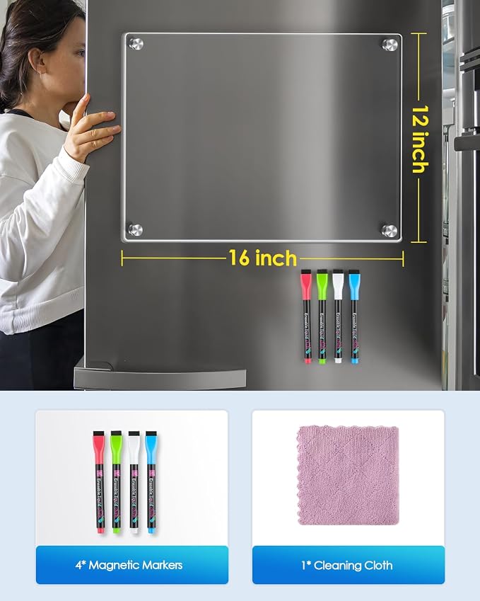 MaxGear 16"x12" Clear Acrylic Magnetic Whiteboard Fridge Dry Erase Board with 4 Markers and 1 Cloth, Reusable Kitchen Refrigerator Blank Memo Meal Planner to-Do List Grocery List Pad for Home Planner
