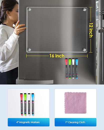 MaxGear 16"x12" Clear Acrylic Magnetic Whiteboard Fridge Dry Erase Board with 4 Markers and 1 Cloth, Reusable Kitchen Refrigerator Blank Memo Meal Planner to-Do List Grocery List Pad for Home Planner