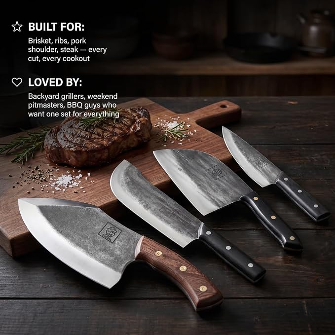 COOLINA Meat Lover 4-Knife Set, Hand-Forged High-Carbon Steel Kitchen Knives for Butchering, Slicing & Carving, Includes Promaja Cleaver, Lixy, Daozi & Altomino Tungsten Knife, Wood Handle