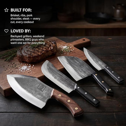 COOLINA Meat Lover 4-Knife Set, Hand-Forged High-Carbon Steel Kitchen Knives for Butchering, Slicing & Carving, Includes Promaja Cleaver, Lixy, Daozi & Altomino Tungsten Knife, Wood Handle