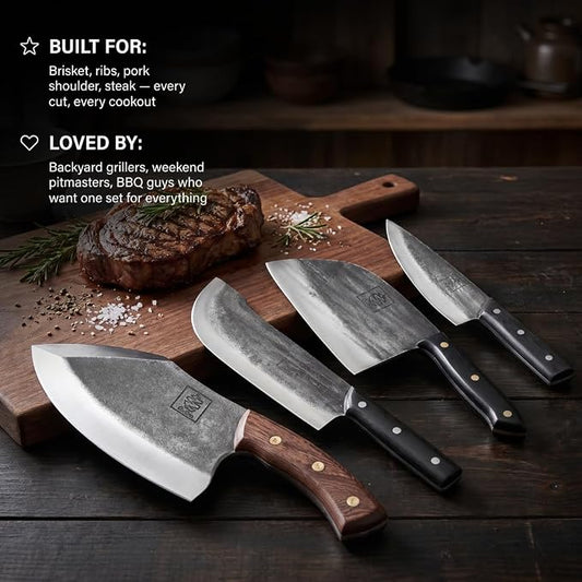 COOLINA Meat Lover 4-Knife Set, Hand-Forged High-Carbon Steel Kitchen Knives for Butchering, Slicing & Carving, Includes Promaja Cleaver, Lixy, Daozi & Altomino Tungsten Knife, Wood Handle