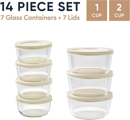 14-Piece Glass Food Storage Containers Set (7 Containers + 7 BPA-Free Lids) | 1-Cup & 2-Cup, Leakproof | Microwave, Freezer, Oven & Dishwasher Safe | Ideal for Meal Prep & Pantry Organization, Beige