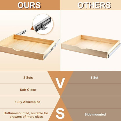 Menkxi 2 Set Wooden Pull out Cabinet Organizer Fully Assembled Slide out Pantry Drawer with Gentle Close Storage Shelf Tray for Base Kitchen Under Sink Bathroom Accessory(Wood Color,27'' X 21'' X 3")